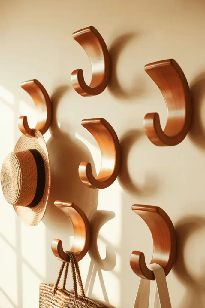 Five individual curved wooden hooks in warm cherry wood mounted at varying heights in an organic, non-linear arrangement on a cream wall. Each hook has a gentle curve and smooth finish. A straw hat and woven bag hang casually. Soft afternoon light creates gentle shadows. Relaxed, intentional composition with movement.