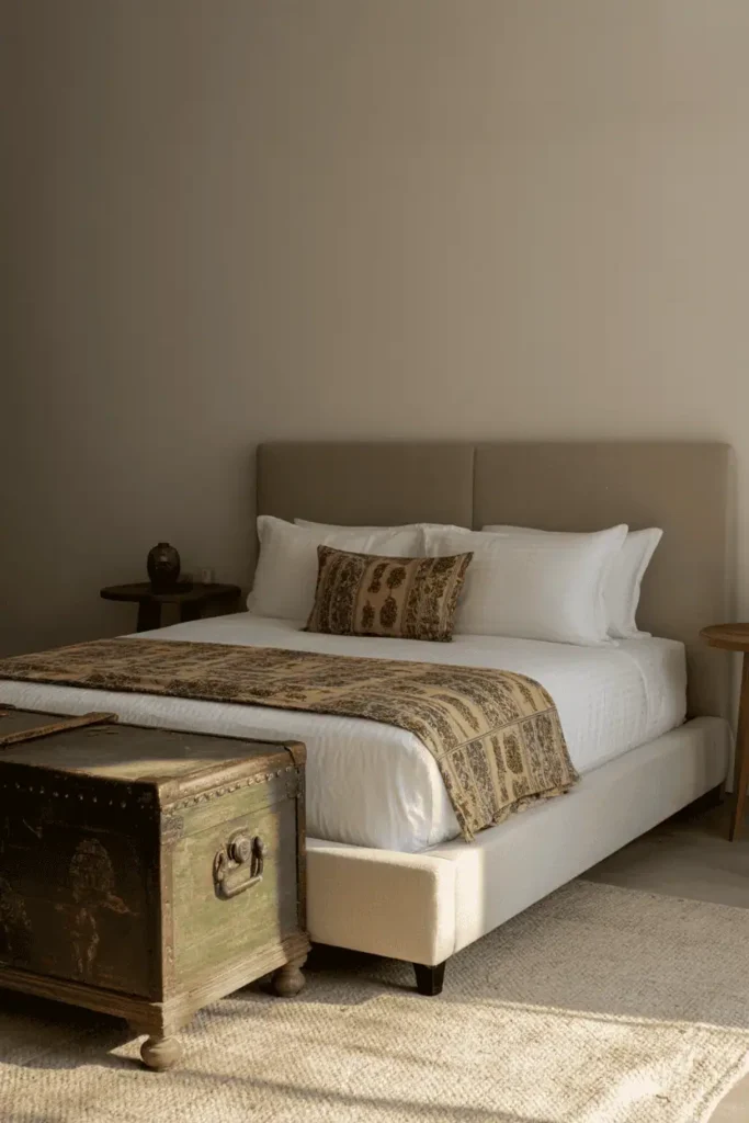 Modern Indian bedroom blending timelines: contemporary low-profile upholstered bed in neutral fabric. Vintage carved wooden trunk with age and patina at foot of bed. Block-printed textiles layering the bed, simple wooden side tables. Mix of old and new, flexible personal style. Natural light, livable aesthetic, editorial interior photography.