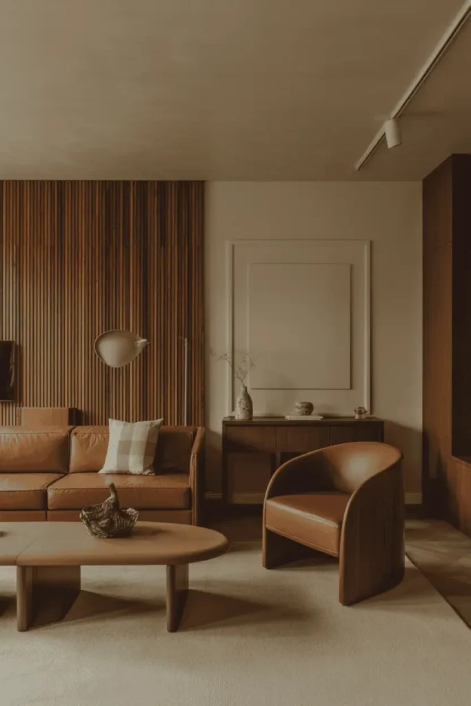 Quiet modern home interior with rounded wood furniture, warm tones, soft shadows, lived-in yet refined atmosphere, slow living aesthetic, balanced composition, high-end editorial interior photography, realistic, no people, no text, no logos