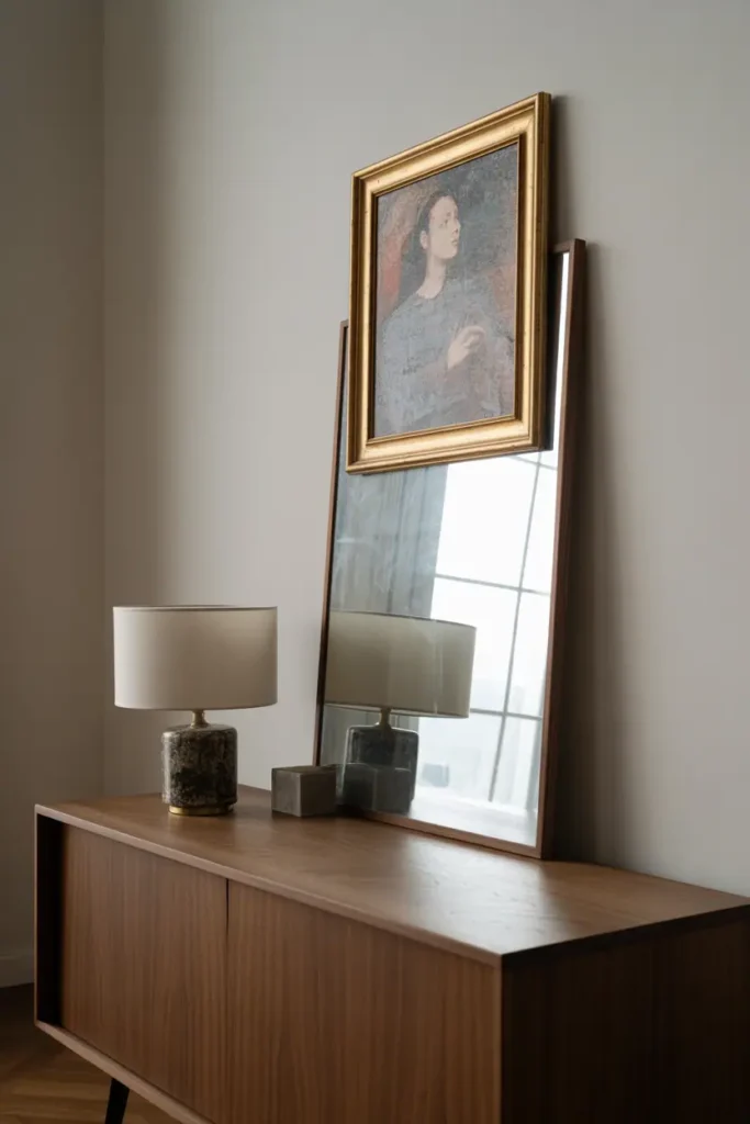 Refined walnut console styled minimally to support framed art piece above, single lamp positioned to one side leaving most surface open. Artwork as focal point not mirror. Sophisticated gallery-like presentation. White walls, natural lighting on art. Interior photography, art-collector aesthetic, intentional curation, museum-quality presentation.