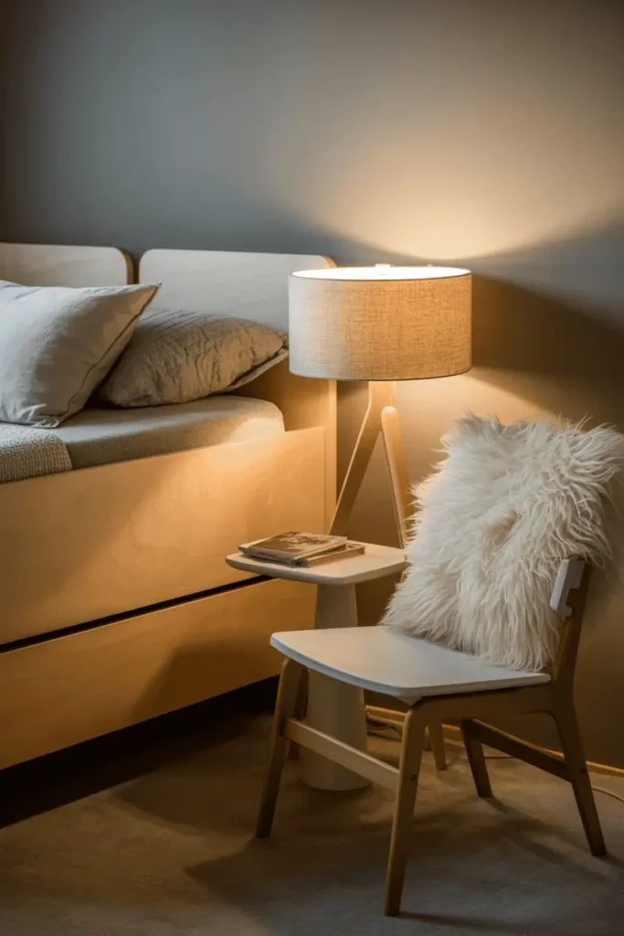 Scandinavian bedroom corner with cozy reading nook featuring simple light wood chair with cream cushion, small side table, linen-shade floor lamp, sheepskin draped over chair. Light birch bed with neutral textiles visible in background. Secondary functional zone, inviting corner arrangement. Warm natural light on reading area, layered lighting. Editorial interior photography showing multi-functional bedroom space, Scandinavian hygge and comfort.