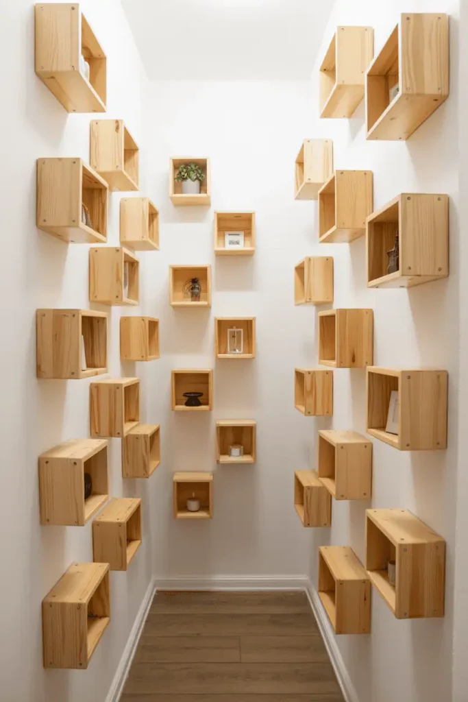 Very narrow hallway with small natural pine box shelves mounted in staggered zigzag pattern on alternating walls. Each 10-inch square box holds single item - plant, candle, small art piece. White walls, light wood floor. Creative space-saving solution. Bright natural light, rhythmic design, editorial interior photography.