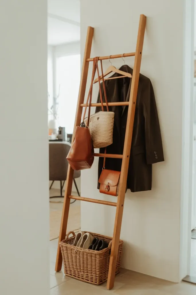 Casual small entryway with wooden ladder-style coat rack leaning against white wall with coats and bags hanging from rungs, one woven basket at base for shoes. Minimal floor footprint, vertical storage, bohemian-Scandinavian style. Natural light from window, relaxed and functional aesthetic. Interior photography showing lean angle approximately 75 degrees, casual but intentional design.
