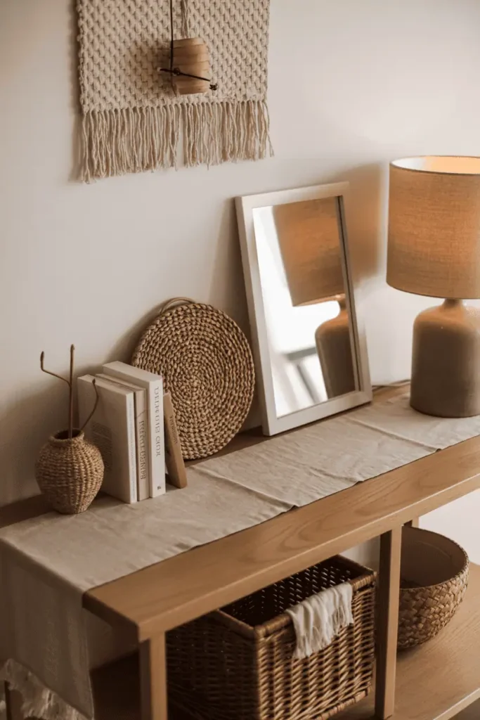 Console styled with textiles as primary element, natural linen table runner, textile wall hanging above instead of mirror, woven basket, fabric-covered books, lamp with linen shade. Wood console with soft textile layers. Scandinavian warmth and tactility. Interior photography, natural fiber focus, cozy minimal aesthetic, textural composition.