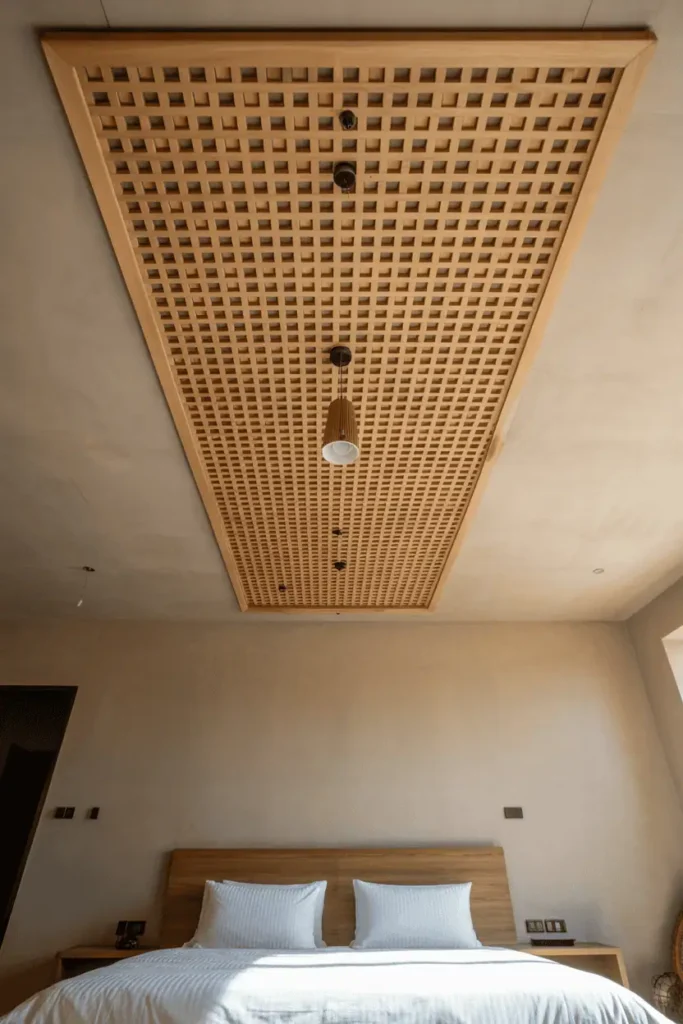 Indian bedroom with geometric lattice wood panel in light-toned wood installed on ceiling section directly above bed. Rest of ceiling plain plaster. Simple pendant light hanging through lattice creating shadow patterns. Contemporary furniture below, minimal styling. Architectural detail, upward focus. Natural light diffusing through lattice, modern-traditional blend.