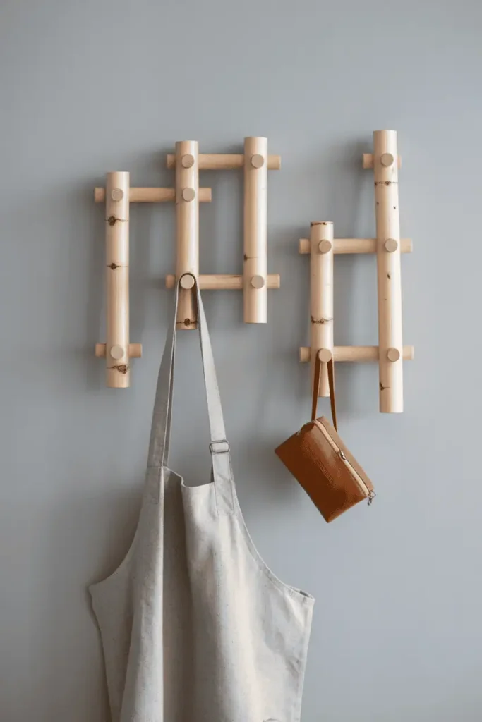 Individual birch wood dowel pegs arranged in an asymmetric cluster pattern on a light gray wall. Six pegs at varying heights and spacing create visual rhythm. A linen apron and small leather pouch hang from two pegs. Bright Nordic light, lots of negative space, calm and flexible composition. Scandinavian simplicity.