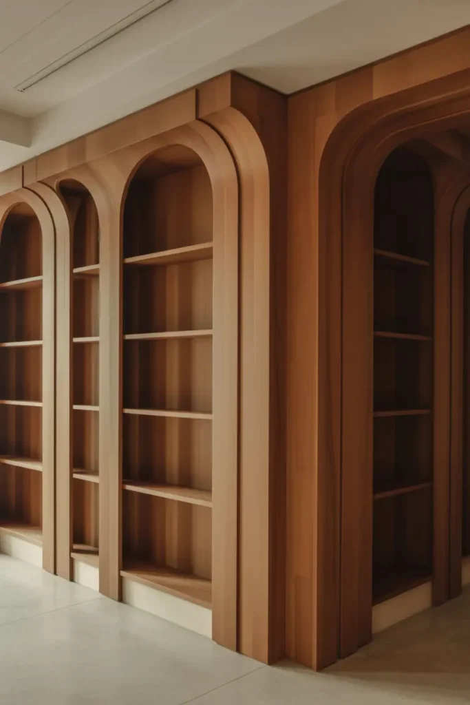 Modern interior featuring architectural rounded wood elements, curved wood wall panels or shelving, soft transitions between surfaces, cohesive design language, warm materials, subtle shadows, editorial interior photography, realistic, no people, no text, no logos