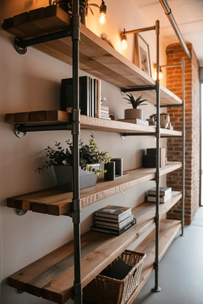 Urban loft hallway with black iron pipe supports and thick reclaimed wood planks as shelving. Four shelves with varied spacing holding plants, books, baskets. Exposed brick walls, Edison bulb lighting. Industrial aesthetic, honest materials. Warm ambient lighting, urban character, architectural photography.