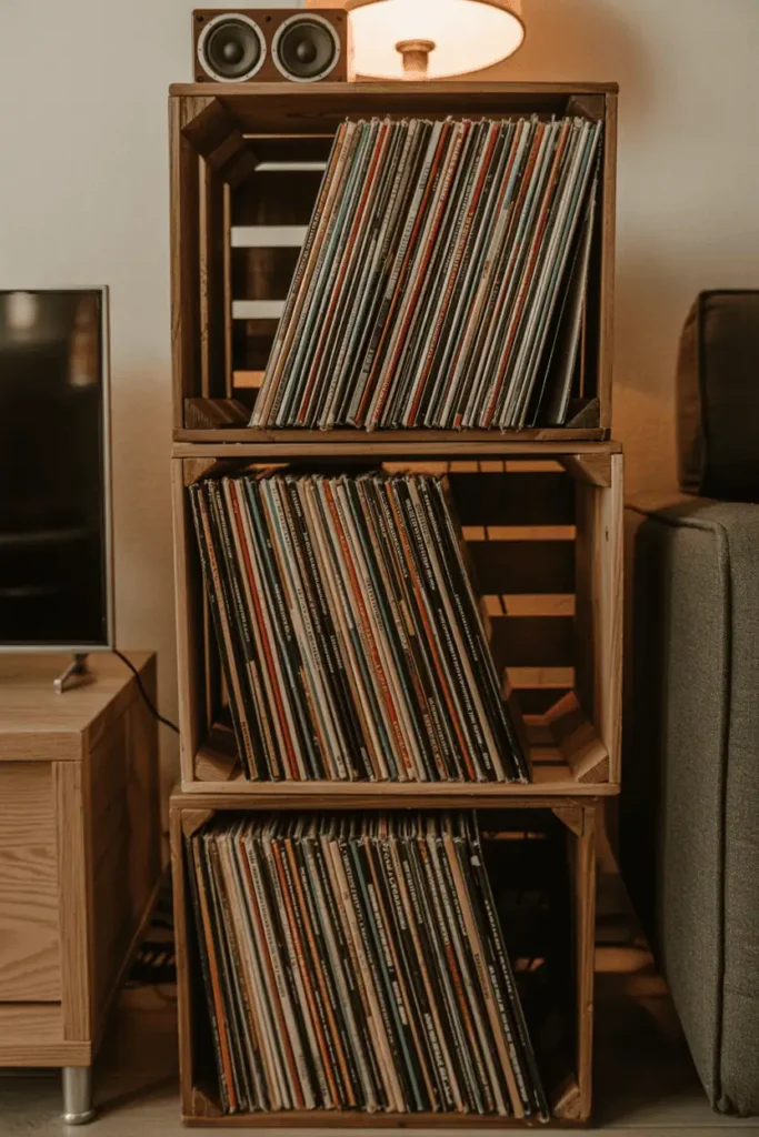 A frontal shot of three rustic wooden crates stacked vertically against a living room wall, holding vinyl record albums. The record spines create a colorful, rhythmic pattern. A small vintage speaker sits on top. The crates show natural wood with aged patina. A lounge chair is partially visible to the side. Warm lamp light from above creates a cozy, nostalgic atmosphere. Music lover's corner aesthetic.
