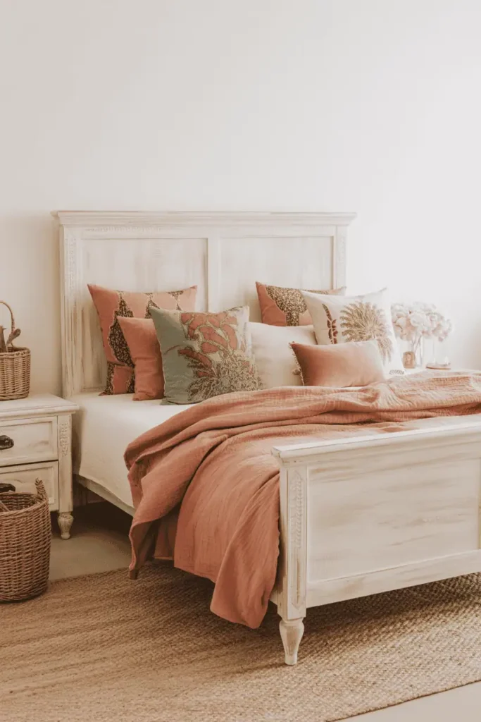 Bedroom with whitewashed or cream-painted wood furniture, African prints in muted dusty rose, sage, soft terracotta tones. Woven baskets, jute rug, linen bedding. Light and airy Scandinavian-meets-Afrobohemian aesthetic, bright natural light, soft color palette, editorial interior photography with lighter interpretation of Afrohemian style.