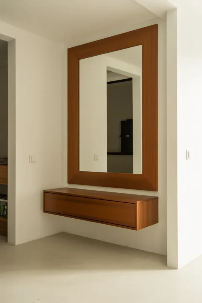 Contemporary small entryway with large mirror in chunky wood frame as visual anchor, single floating drawer box in matching wood mounted below with no visible support. White walls, completely open floor, minimal two-element design. Natural lighting, modern clean aesthetic, functional storage hidden in drawer. Interior photography showing floating effect and wood grain detail.