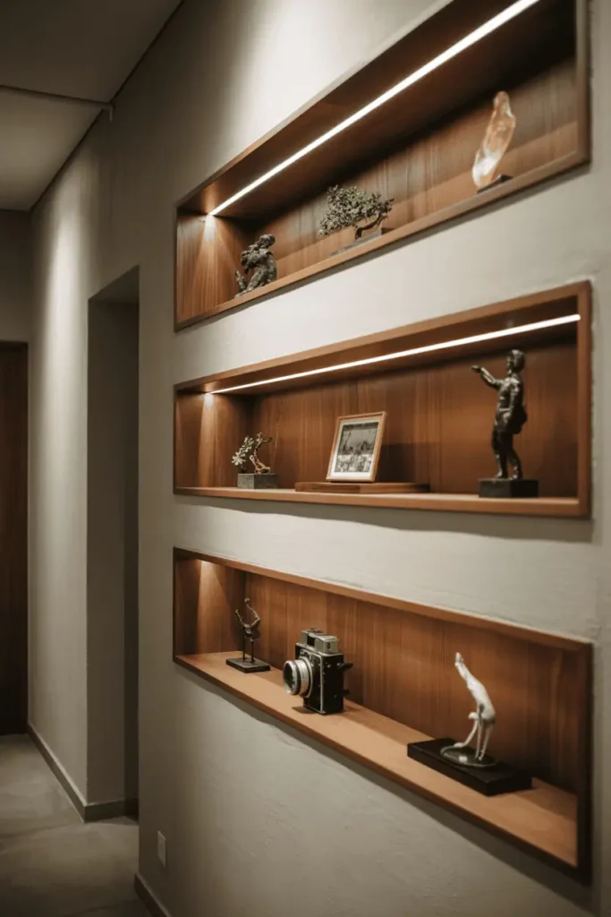 Hallway with three rectangular oak-lined niche shelves built into thick wall, each 4 inches deep. LED strips lighting niches from within. Niches hold small sculptures, bonsai, vintage cameras. Smooth white plaster walls. Architectural built-in detail. Dramatic lighting, editorial quality, professional interior photography.