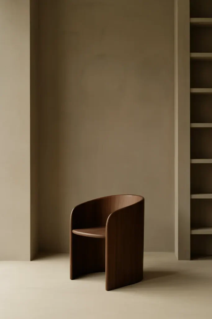Minimal modern interior with one rounded wood furniture focal piece, clean surrounding lines, generous negative space, warm neutral tones, restrained styling, calm and intentional atmosphere, editorial interior photography, realistic, no people, no text, no logos