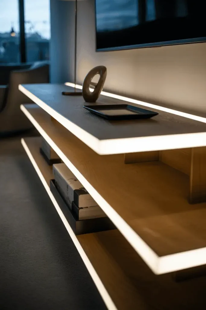 Modern wooden console with integrated LED strip lighting mounted underneath creating floating effect, minimal surface styling with one sculptural object and small tray. Ambient glow lighting as feature. Contemporary architectural design. Interior photography, dramatic under-lighting, modern luxury aesthetic, ambient mood lighting emphasis.