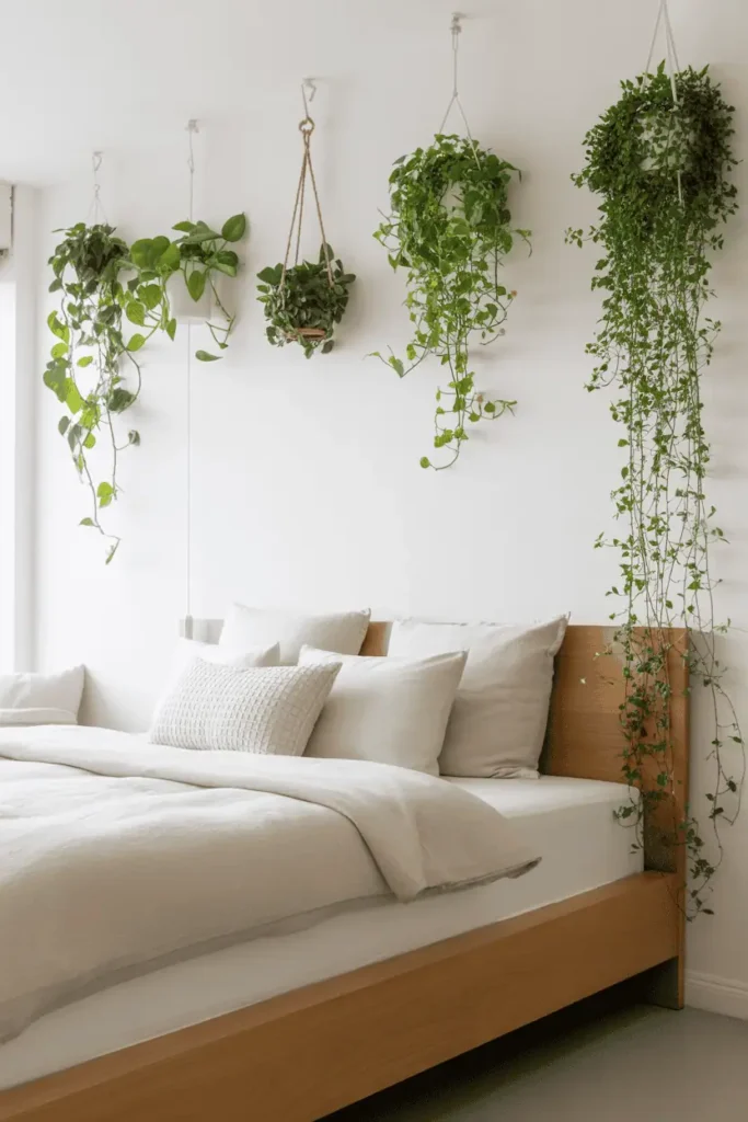 Scandinavian bedroom with low light ash platform bed, white walls, cream and white bedding, several trailing green plants including pothos hanging from hooks at varying heights with vines cascading down. Plants add organic movement without clutter, greenery against minimal backdrop. Bright natural window light, living and breathing space. Interior photography showing plants as natural decor element, fresh Scandinavian aesthetic.