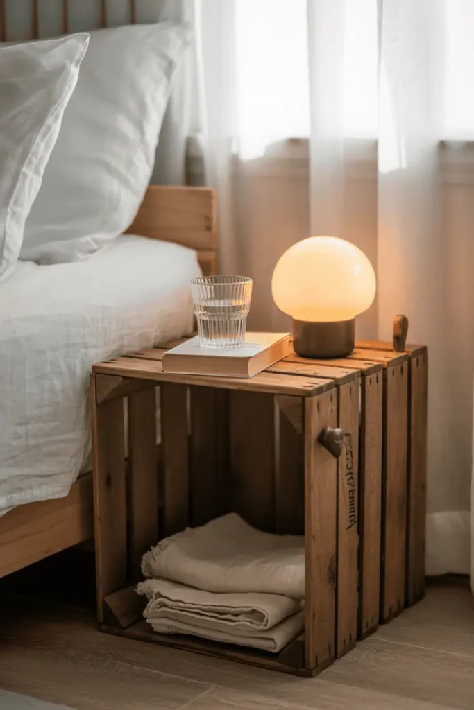 A side view of a rustic wooden crate used as a nightstand beside a bed with white linen bedding. The crate shows weathered wood and visible grain. On top: a small ceramic table lamp with warm light, a glass of water, and a paperback book. Inside the crate: folded linen napkins. Soft morning light filters through sheer curtains. Calm, minimal bedroom styling with natural textures.
