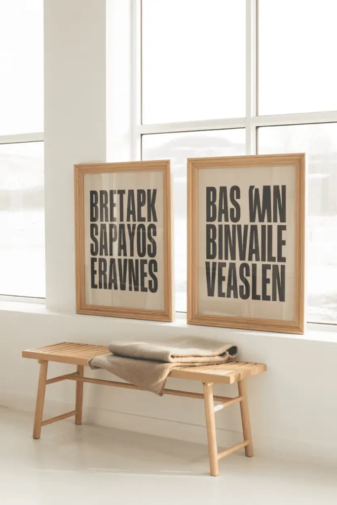 A wide shot of a minimal living room corner with white walls. Two light oak wooden frames with pale blonde wood and simple profiles hang side by side. Inside: bold black typography prints on cream backgrounds. Below: a simple birch wood bench with a folded wool blanket. Natural light pours in from a large window. Clean, airy, Nordic aesthetic with lots of negative space.
