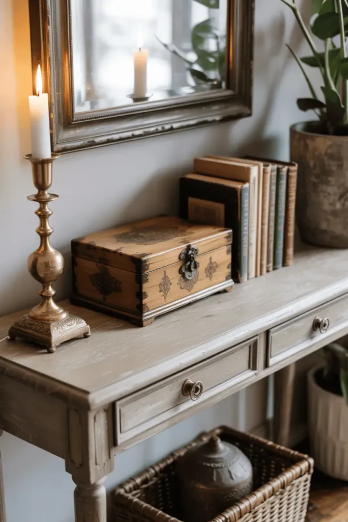 Console table in any wood finish styled exclusively with vintage antique objects, brass candlestick with patina, small wooden box showing age, vintage books, aged mirror above. Nothing new, collected aesthetic. Personal curated styling. Interior photography, warm nostalgic lighting, antique lover's entryway, character-filled arrangement.