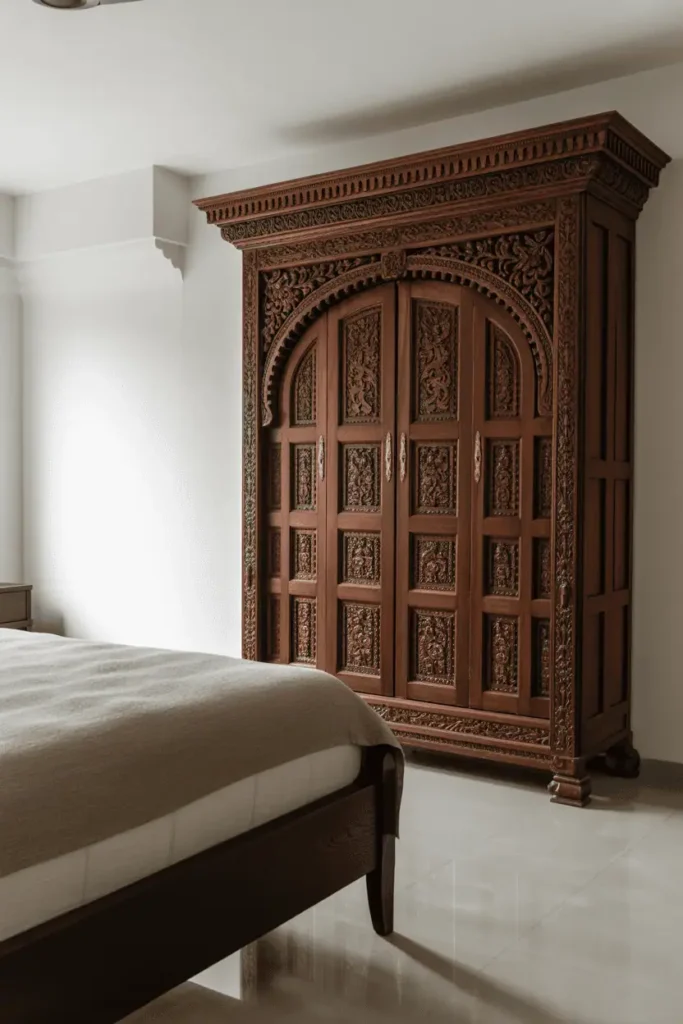 Contemporary Indian bedroom kept minimal to showcase massive antique carved wooden armoire. Elaborate carving across doors and crown, dark finish, brass hardware. Modern bed with neutral linens, white walls, polished floors. The armoire is sculptural focal point. Clean background, traditional statement piece. Professional interior photography, depth of field.