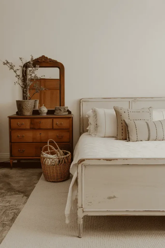 Eclectic collected bedroom with vintage wooden dresser with brass hardware, secondhand bed frame with worn finish, handmade mudcloth pillows, thrifted carved mirror, market basket. Nothing matches but everything relates through materials and tones. Authentic collected-over-time aesthetic, personal and lived-in feeling, editorial interior photography showing curated vintage bohemian style.