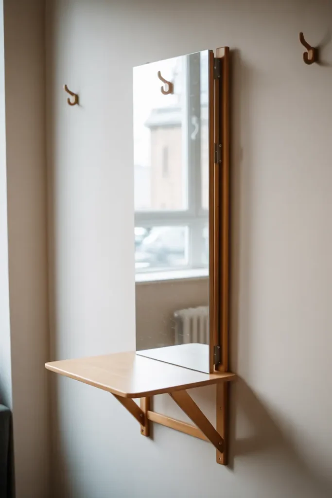 Innovative tiny entryway with wall-mounted fold-down wood table in up/closed position appearing as narrow panel on white wall with one hook. Natural wood finish, minimal footprint, space-saving design. Side view showing profile and mechanism. Bright natural light, modern functional solution. Interior photography, realistic style, clever small-space furniture concept for urban apartments.