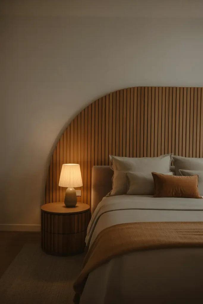 Modern bedroom with curved wooden headboard and rounded nightstands, warm wood textures, soft textiles, low ambient lighting, calm and restorative atmosphere, intimate modern interior, editorial interior photography, realistic, no people, no text, no logos