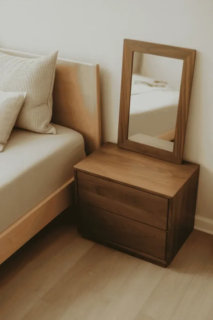 Scandinavian bedroom with birch bed frame, white walls, pale oak floor, small doses of darker walnut wood in nightstand and mirror frame providing contrast. Cream-to-gray textile palette, walnut as accent punctuation at approximately 10-15% of wood surfaces. Natural lighting, subtle wood tone variation creating visual interest. Editorial interior photography, balanced light and dark wood contrast, refined Nordic aesthetic.