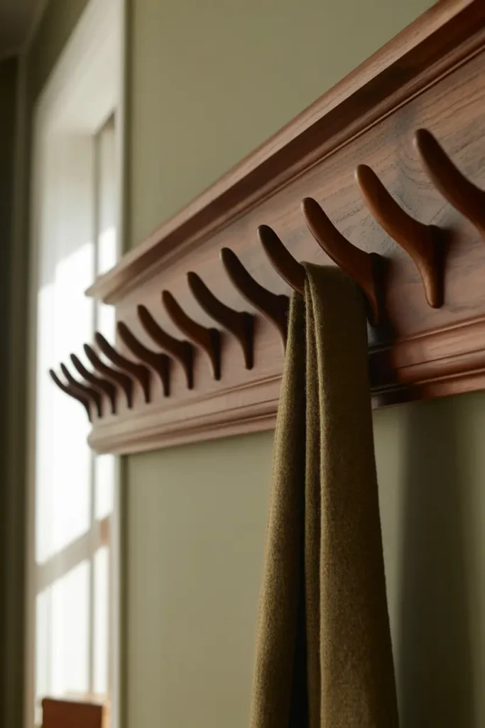 A close-up of a long walnut Shaker peg rail with pegs angled slightly upward, mounted on a pale gray wall. Rich dark wood grain visible. A wool scarf drapes elegantly from one peg. Directional window light from the left creates depth and highlights the craftsmanship. Tight composition, shallow focus, warm and sophisticated.