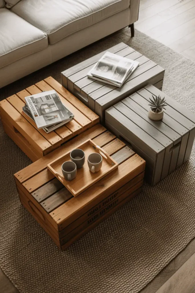 An overhead angled view of four low rustic wooden crates arranged as a coffee table cluster on a large wool rug. The crates vary slightly in tone from warm honey to gray-washed wood. A wooden tray holds ceramic mugs on one crate, while stacks of magazines and a small potted succulent rest on others. A soft linen sofa is partially visible. Natural afternoon light, relaxed and inviting atmosphere.
