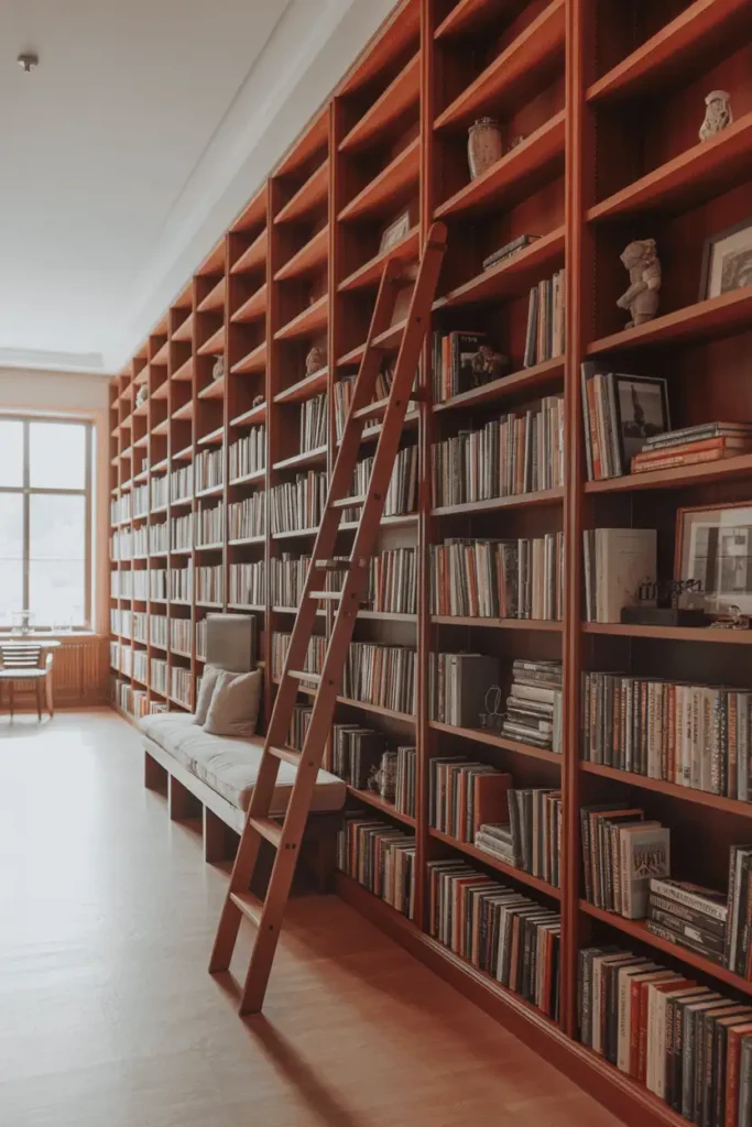 Exceptionally wide hallway with full wall of built-in cherry wood shelving floor to ceiling. Rolling library ladder for upper shelves. Extensive book collection mixed with decorative objects. Cushioned bench at base. Large windows opposite. Hardwood floor. Library-like formal atmosphere. Warm natural light, architectural photography.