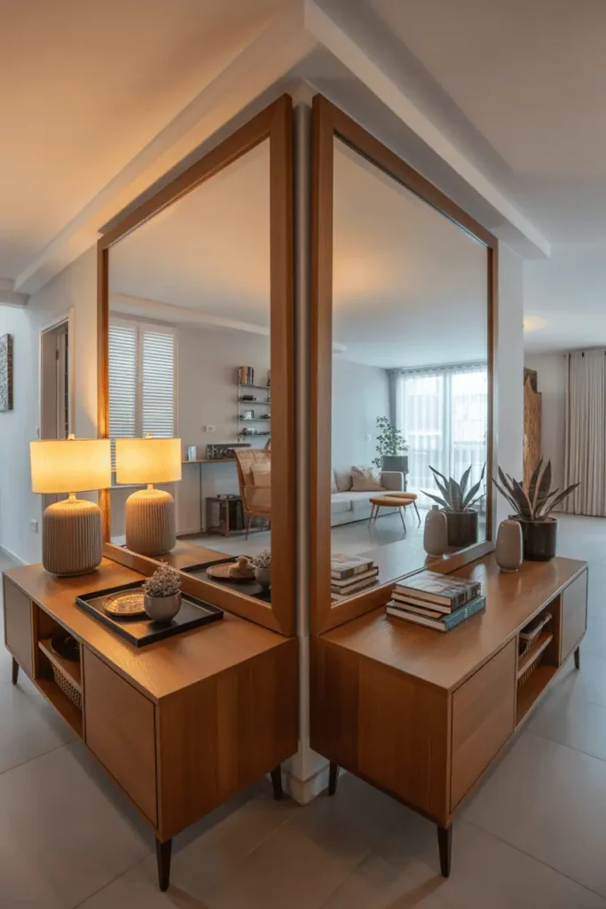 Freestanding wooden console positioned perpendicular to wall as room divider in open-plan space. Both sides styled: entryway side with lamp, tray, plant; living room side with books and objects. No wall behind. Contemporary furniture placement. Interior photography, open floor plan, innovative space division, 360-degree styling.