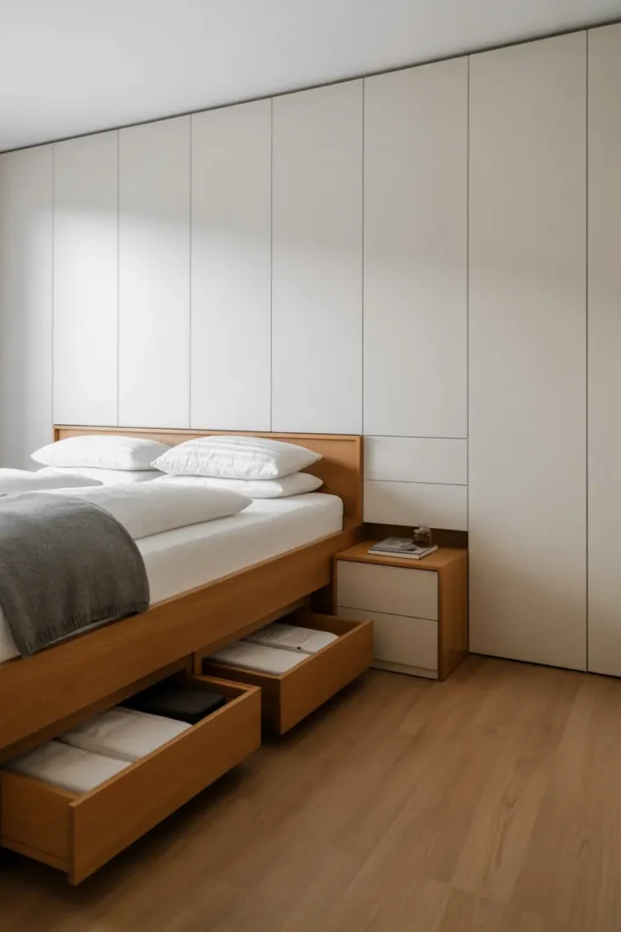 Functional Scandinavian minimalist bedroom with platform bed featuring visible drawer storage underneath, nightstand with closed cabinet, floor-to-ceiling white wardrobe built into wall. Light oak bed frame and floor, white and gray textiles, completely clear surfaces. Storage-focused design, clean and hotel-like precision. Bright even lighting, professional interior photography, organizational minimalism, Scandinavian functionality.