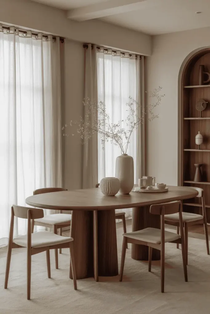 Modern dining room featuring round or oval wooden dining table, sculptural pedestal base, curved edges, warm wood tones, balanced proportions, soft natural light, elegant yet relaxed interior, editorial photography, realistic, no people, no text, no logos