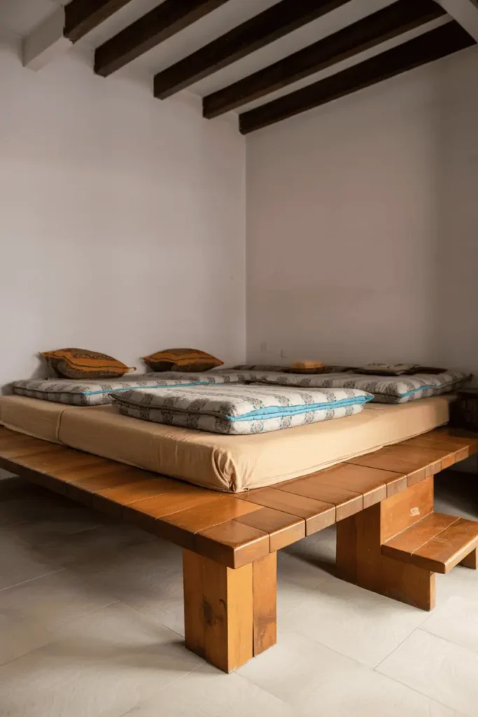 Traditional Indian bedroom with wide low wooden takhat platform sitting directly on floor, constructed from solid mango wood. Mattresses and cushions layered on top. Platform extends beyond sleeping area for seating. White walls with exposed wood beams overhead. Floor-level living, traditional sleeping arrangement. Natural light, cultural authenticity.