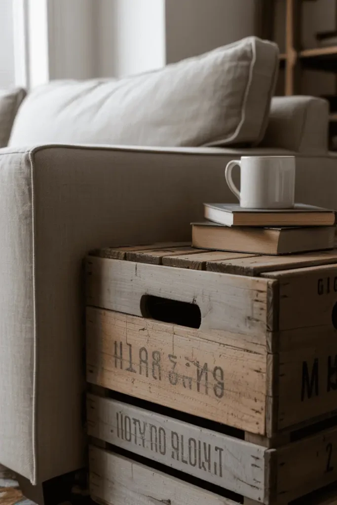 A close-up editorial shot of a vintage wooden crate positioned beside a neutral linen sofa in a living room. The crate shows weathered gray-brown wood with visible grain and old lettering. A small stack of hardcover books and a white ceramic mug sit on top. Soft directional window light from the left creates dimension. The composition is intimate and calm, shot at sofa level with shallow focus on the crate details.
