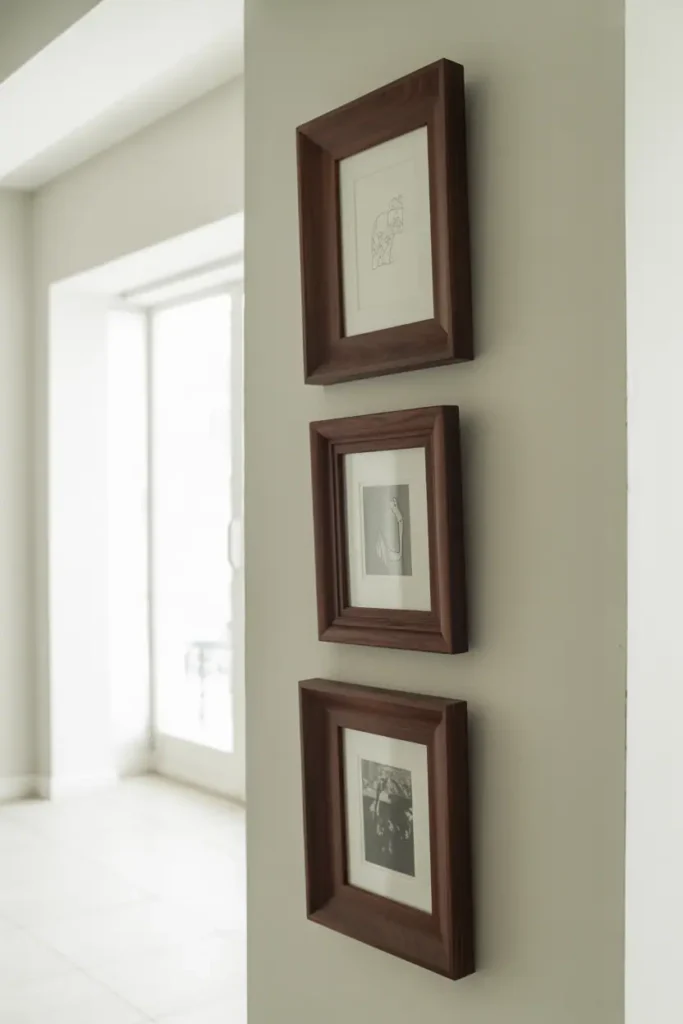 A frontal view of three dark walnut wooden frames arranged vertically on a pale gray wall in a hallway. The frames are different sizes: large at top, medium in middle, small at bottom. Each has clean, simple profiles with deep brown-black wood. Inside: black-and-white line drawings and minimalist photography. Bright, airy natural light floods the space. Strong contrast between dark frames and light wall creates sophistication.
