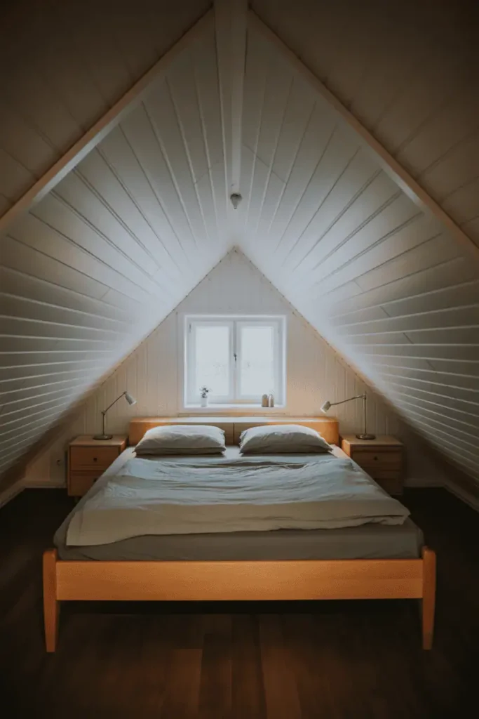 Attic Scandinavian bedroom with white-painted sloped ceiling, small dormer window, low bed in light pine or birch positioned under slope. All furniture light-colored wood, single clamp reading light on bed frame. Cozy intimate space, natural window light, architectural constraints turned intentional. Interior photography showing vertical compression and charming attic aesthetic, Nordic simplicity in constrained space.