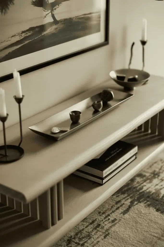 Low-profile contemporary console table 30-32 inches high styled with horizontal emphasis, long rectangular tray with small objects, wide shallow bowl, low candleholders. Artwork hung low above maintaining horizontal lines. Modern relaxed aesthetic. Interior photography, contemporary mid-century influence, open spatial feeling, unconventional proportions.