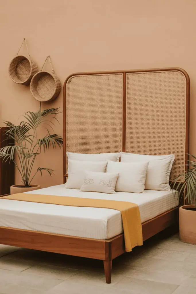 Mid-century influenced Indian bedroom with teak bed frame featuring tall headboard of cane webbing stretched across wooden frame. White cotton bedding with single mustard throw. Warm terracotta walls, woven baskets as wall decor, potted palms in terracotta planters. Light, breathable, coastal-inspired. Natural daylight, warm atmosphere.
