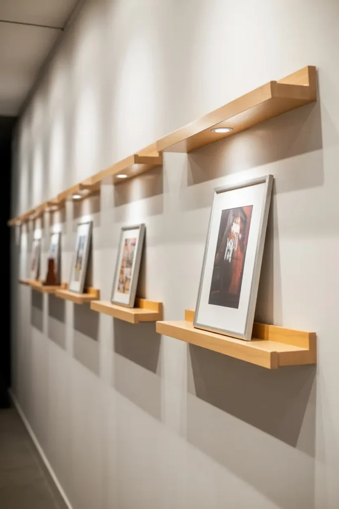 Modern hallway with clean lines. Five identical pale maple ledge shelves with shallow lips running horizontally on white wall. Art prints leaned against wall, few small objects. Recessed lighting highlighting each shelf. Minimalist contemporary design. Soft lighting, flexible display, editorial photography style.