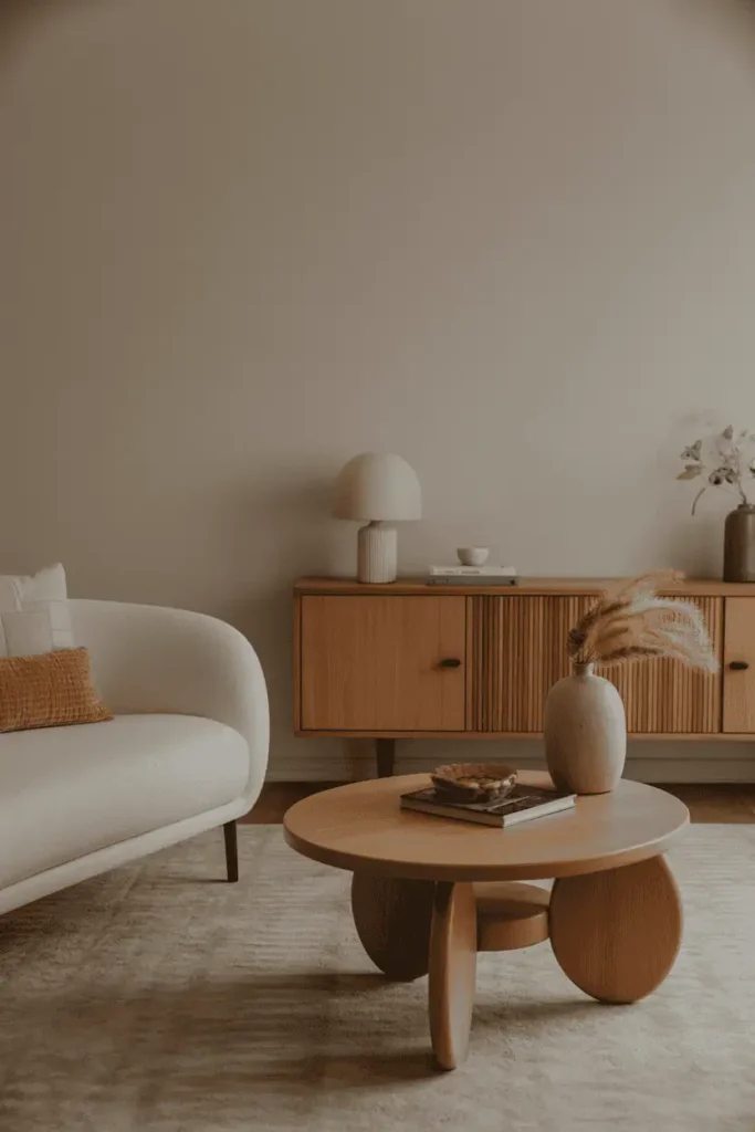 Modern living room with rounded wood coffee table and sideboard, soft curved silhouettes, warm neutral palette, inviting layout, calm modern atmosphere, layered soft lighting, editorial interior magazine photography, realistic, no people, no text, no logos