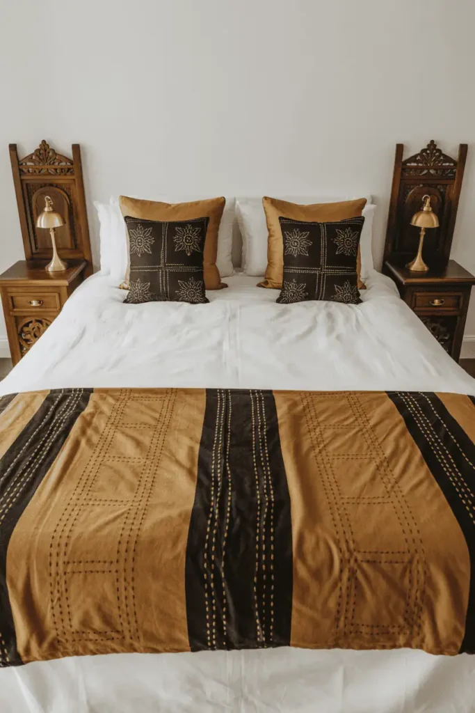 Traditional symmetrical bedroom layout with bed centered, flanked by matching carved wooden nightstands, brass lamps on each. African print pillows and mudcloth throw on bed. Balanced and calm composition, classic bedroom arrangement with Afrocentric textile elements, natural lighting, professional editorial interior photography showing traditional symmetry.
