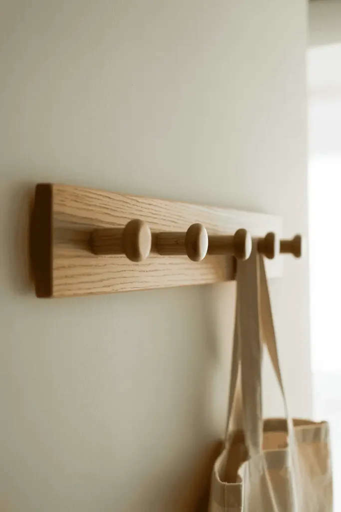 A horizontal strip of light oak wood with four rounded pegs mounted on a white textured wall at shoulder height. Clean, minimal composition with soft natural daylight from the right. A canvas tote hangs from one peg. The oak grain is visible and warm-toned. Shot straight-on with gentle shadows, calm and uncluttered. Interior design photography style.