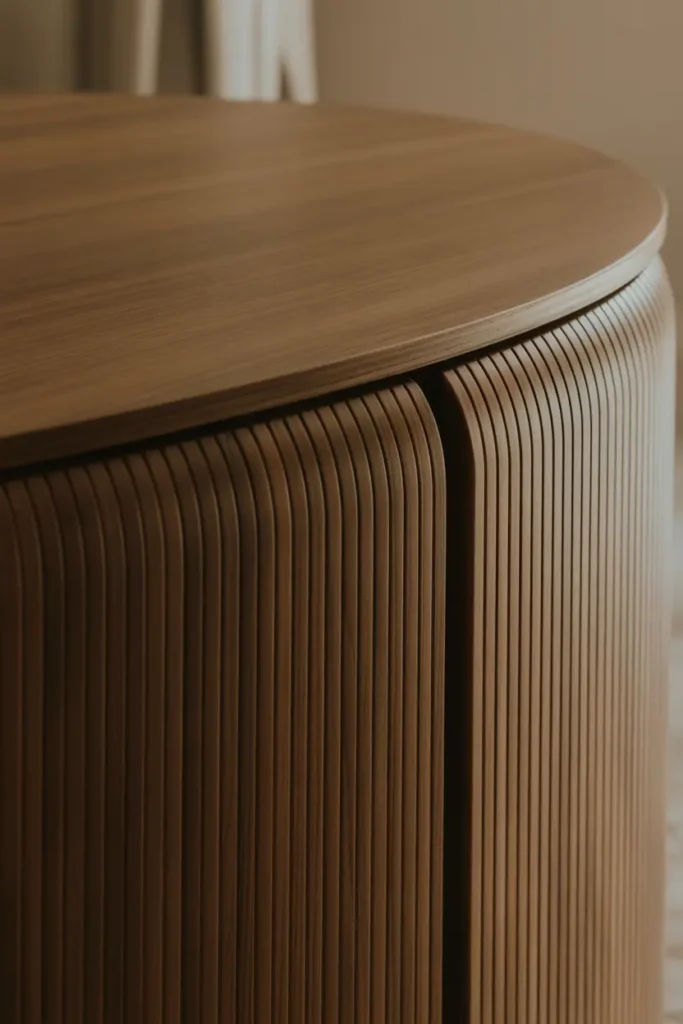 Close-up interior detail of curved wood furniture, visible wood grain following rounded edges, matte natural finish, tactile surface, warm light emphasizing texture, timeless modern aesthetic, editorial interior photography, realistic, no people, no text, no logos