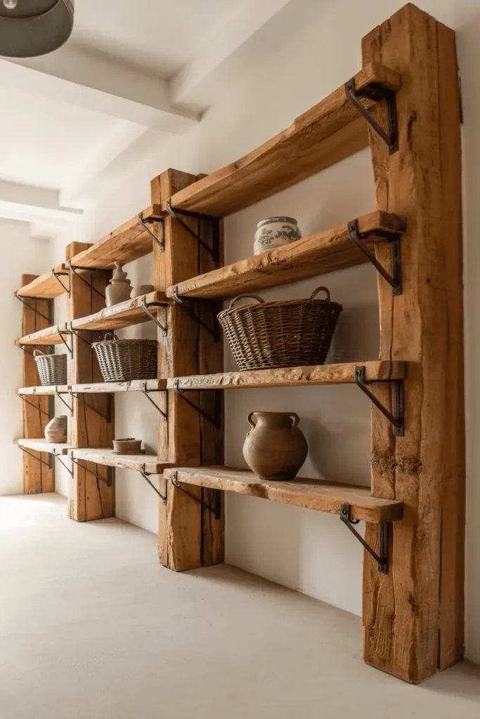 Country home hallway with high ceilings. Four thick rough-hewn reclaimed wood beams mounted as shelves with heavy iron brackets. Unfinished wood texture showing age. Widely spaced shelves holding large baskets and pottery. White plaster walls. Rustic-industrial style, farmhouse aesthetic. Natural light, warm atmosphere.