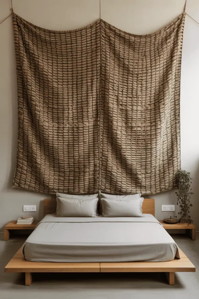 Large-scale woven textile tapestry with geometric patterns in natural fibers mounted on wall behind minimal low wooden bed. Simple platform or low frame, solid neutral bedding, small nightstands, single trailing plant in corner. Wall hanging as dominant focal point, clean editorial interior photography emphasizing textile art as main feature.
