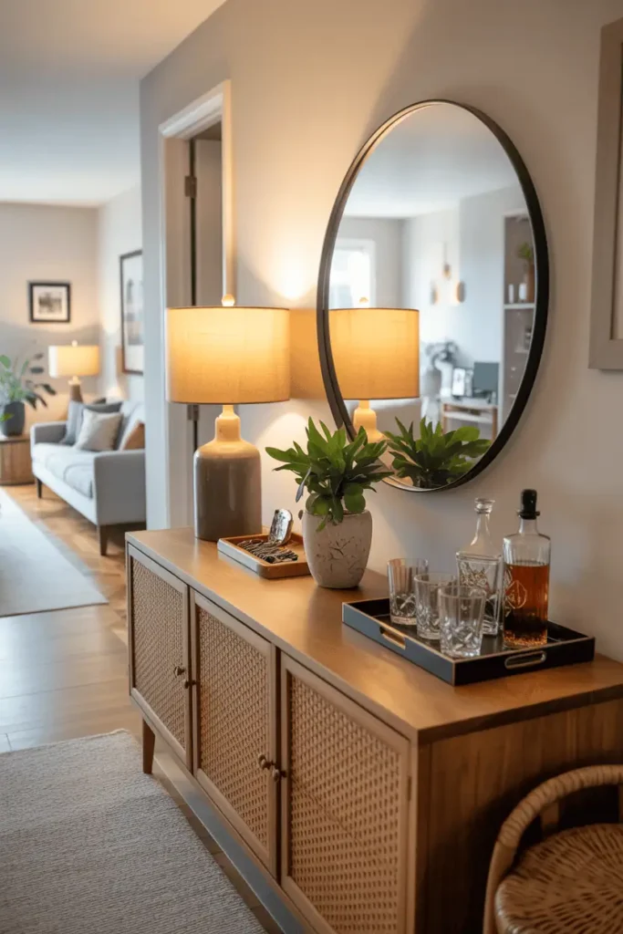 Long wooden console 54+ inches styled with dual purposes, one end holds entryway essentials with lamp and key tray, other end functions as small bar area with tray holding glasses and decanter. Round mirror above. Open-plan entryway flowing into living space. Interior photography, versatile furniture use, entertaining-ready styling.