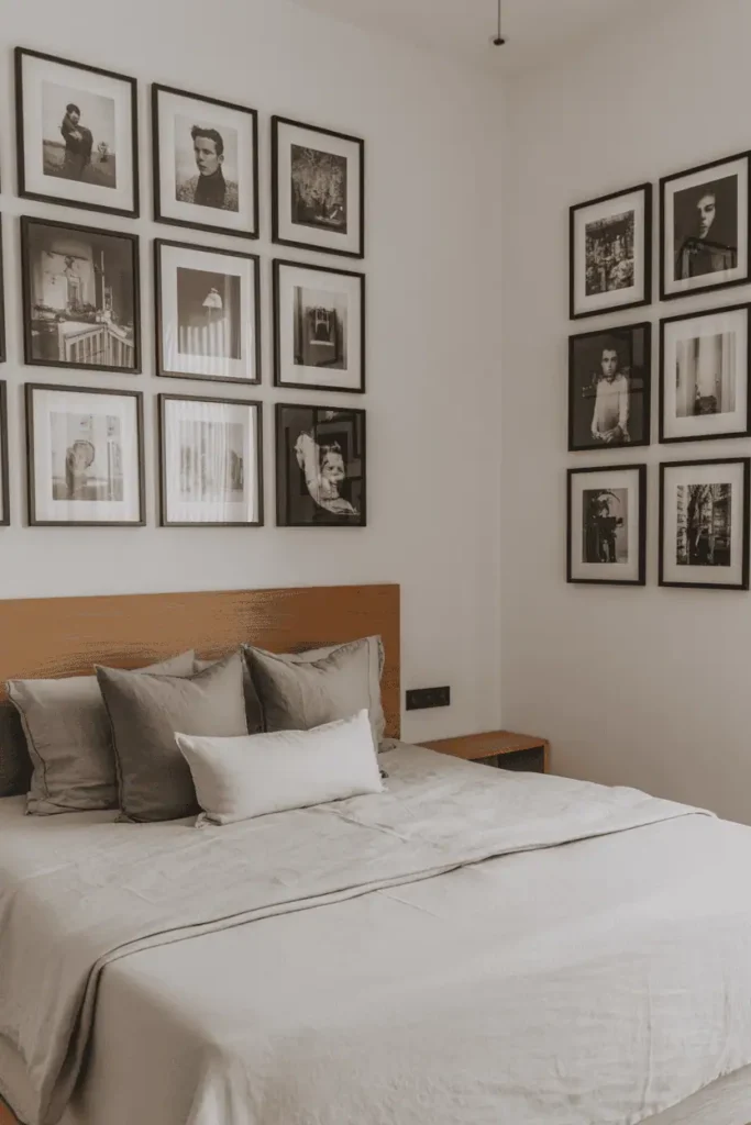 Scandinavian bedroom with curated gallery wall of black and white photographs in matching thin black frames above light oak bed with white linen bedding. Opposite walls bare and white, simple wooden bench at foot of bed. Symmetrical frame arrangement, personal art collection display. Natural side lighting, minimal furniture allowing gallery wall to dominate. Editorial interior photography showing art-focused bedroom concept.