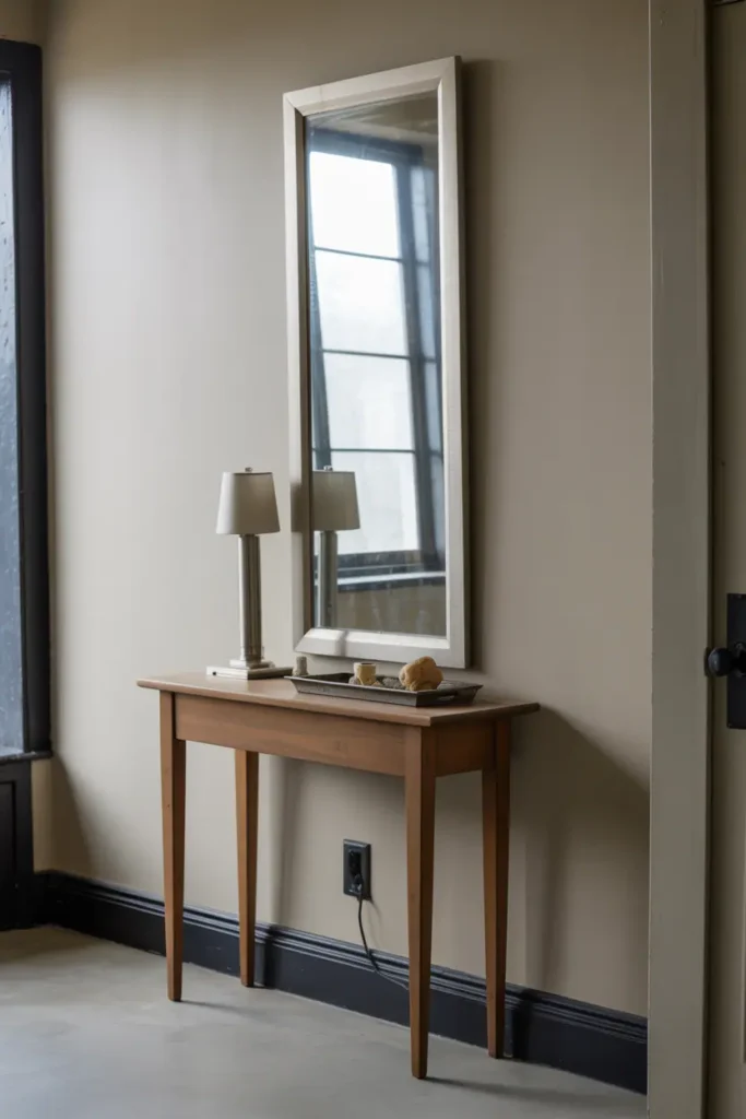 Traditional small foyer with very narrow wood console table 10-12 inches deep in medium tone against wall, tall vertical mirror 4-5 feet tall above emphasizing height, one table lamp and small tray on console. Clear floor space, vertical proportions. Natural window light, classic entryway approach adapted for small space. Interior photography, realistic style, proportional balance.