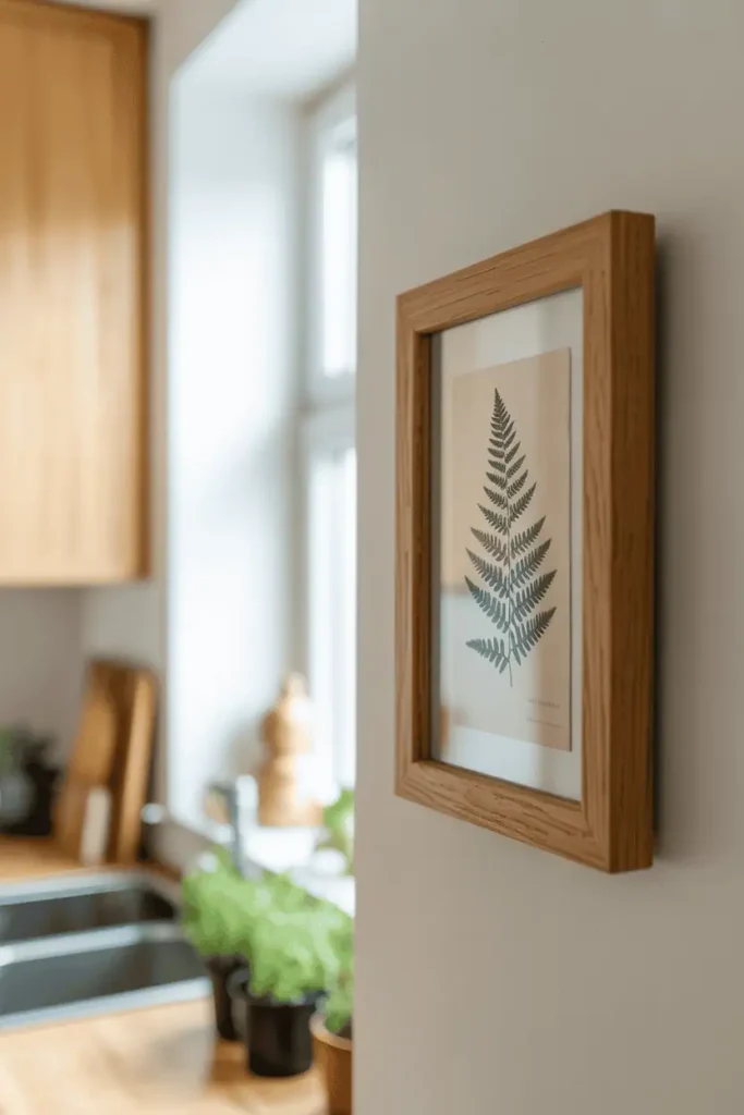 A side-angled shot of a simple white console table against a warm gray wall. A medium-sized wooden frame in natural ash leans casually against the wall on the console surface. Inside the frame is a pressed botanical print. Beside the frame: a small ceramic vase with dried grasses and two stacked vintage books. Soft afternoon light from the side creates dimension. Relaxed, lived-in styling with natural textures and muted tones.